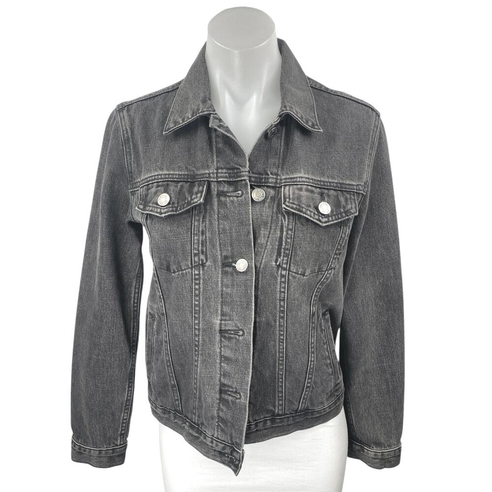 GAP Women's Black Washed Long Sleeve Button Down Pockets Denim Jean Jacket Sz XS